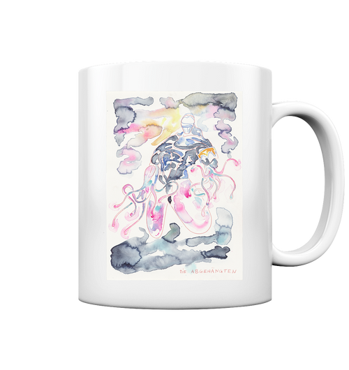 Weiße glossy Tasse mit originalem Aquarellmotiv von Nikolas Müller - die Abgehängten